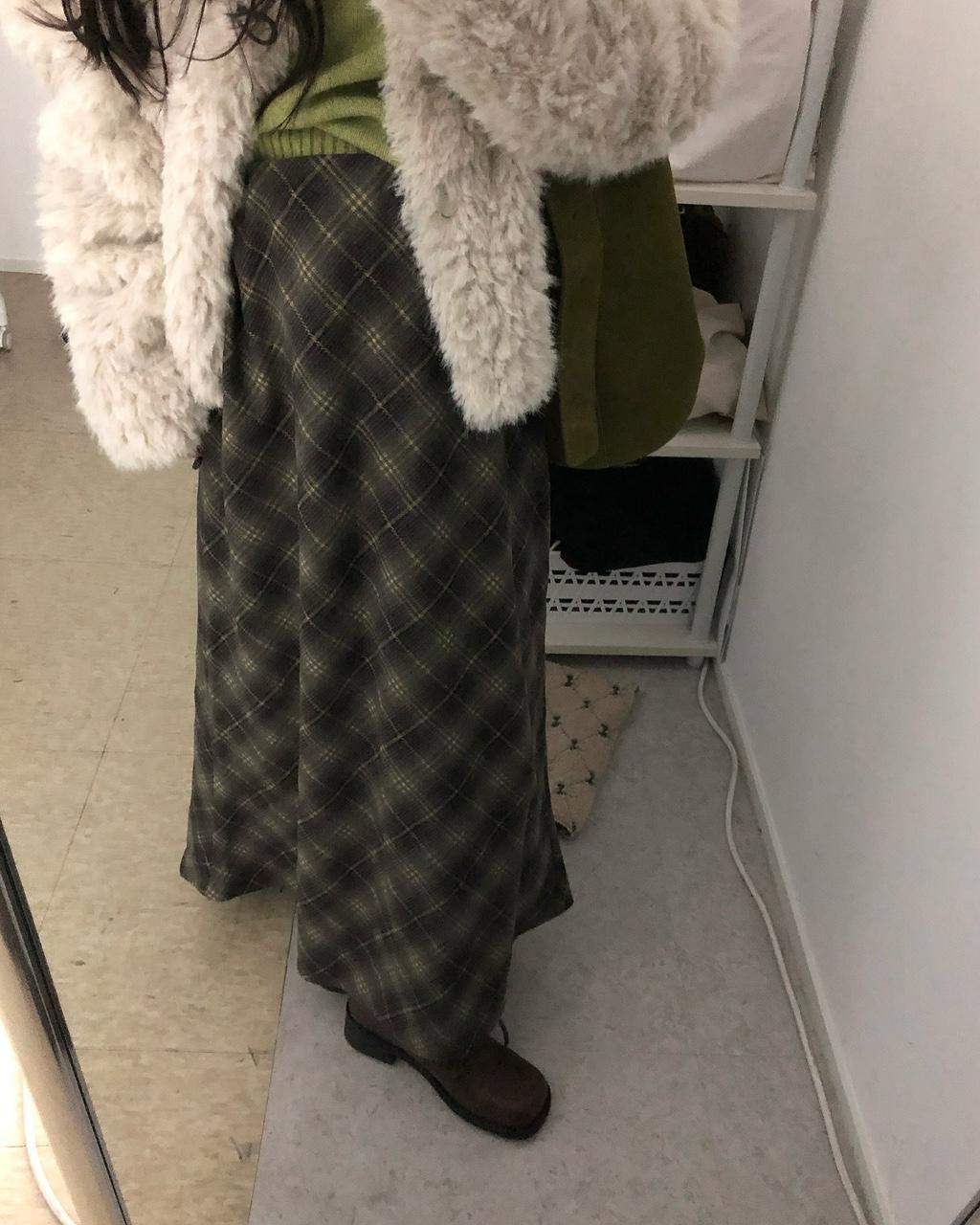 유인어스 스테 여성 하이웨스트 하객룩 출근룩 오피스룩 밴딩 겨울 피치 롱 체크 스커트