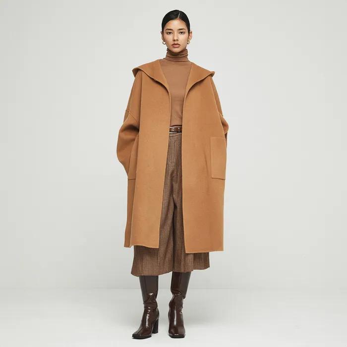 벤자민 후드 케이프 코트 카멜