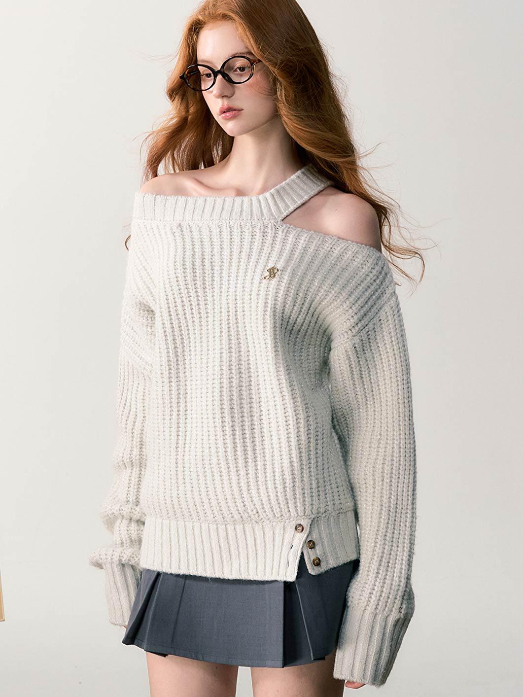 [AFFFREEDOM] Button Logo Off-shoulder Sweater