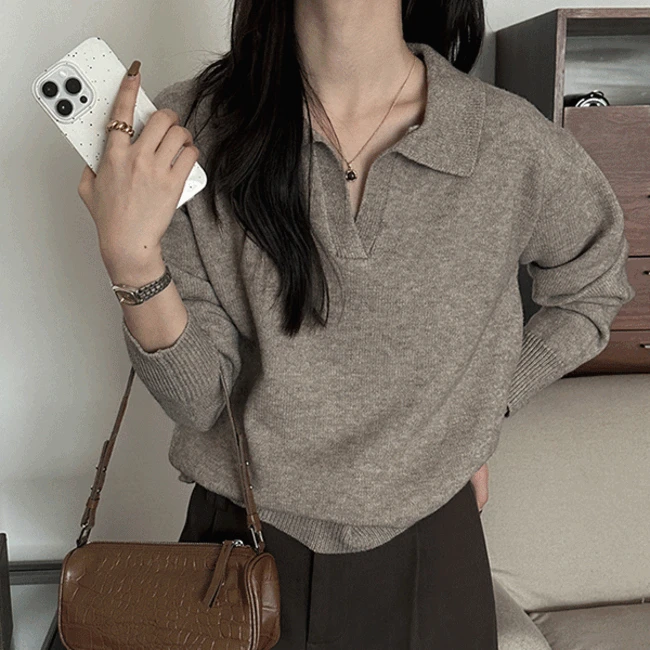 [1+1/5colors/데일리] 파츠 베이직 카라 브이넥 니트 - kn34575