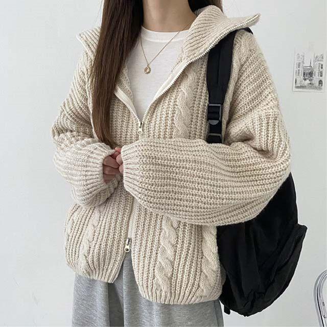 [도톰,투웨이지퍼] 아방핏 벌룬 하이넥 카라 꽈배기 니트 집업 가디건 5color_스윗라떼