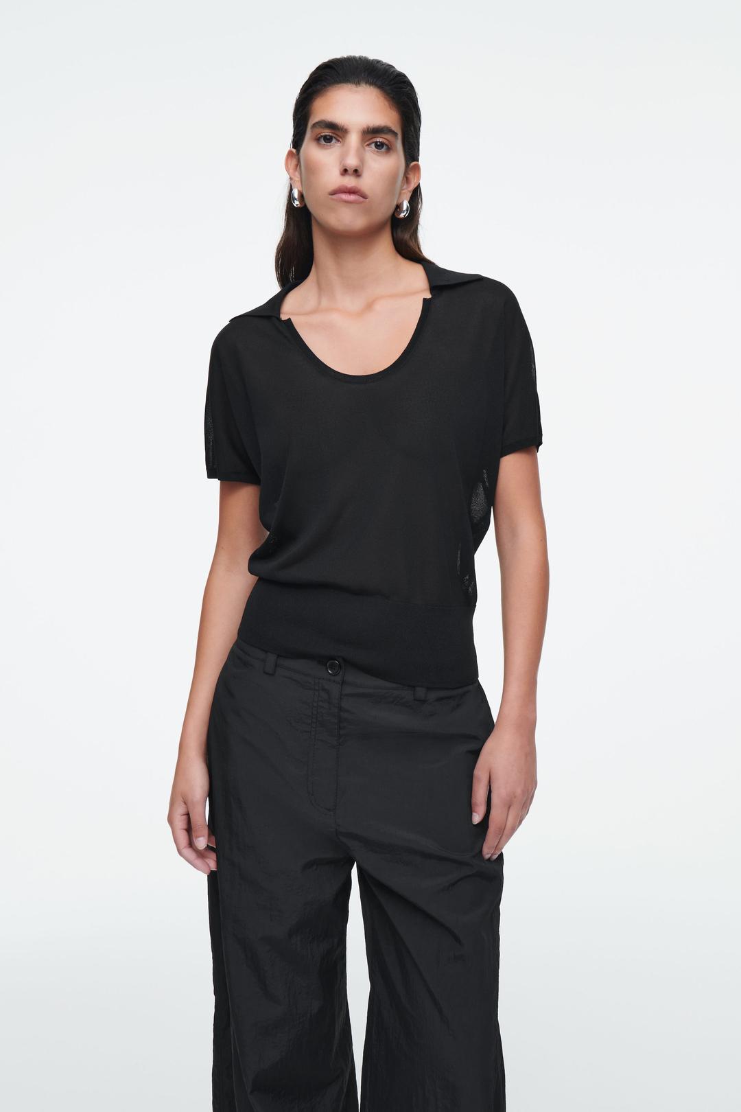 POLO COL DÉGAGÉ EN MAILLE - NOIR