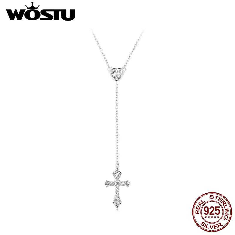 WOSTU 925 스털링 실버 섬세한 크로스 펜던트 하트 목걸이 여성을위한 Y 자형 크로스 체인 목걸이 파티 Dainty Jewelry