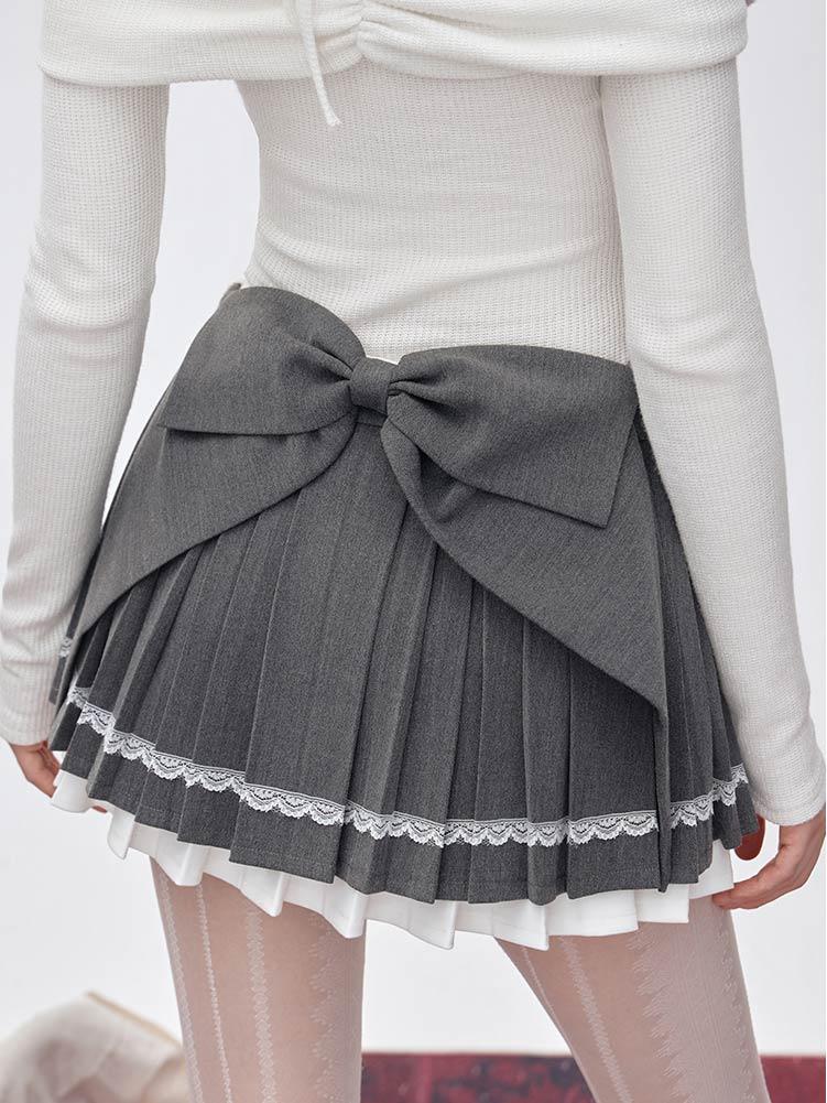 [MESS STUDIO] Back Ribbon Grayish Pleats Skirt