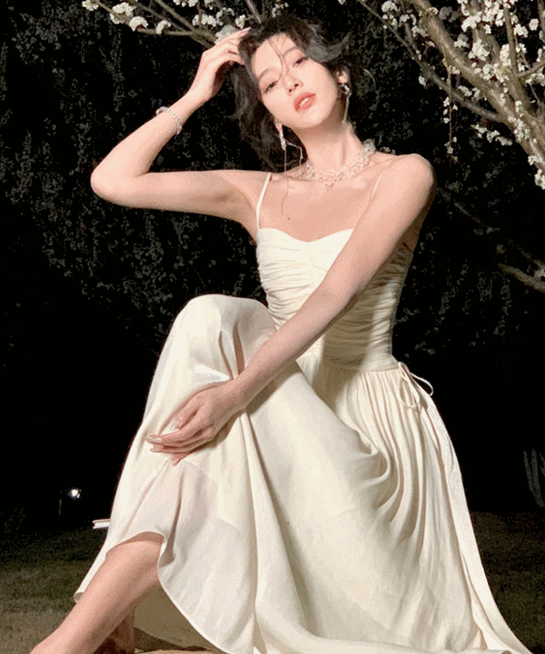 갤리덴 셔링 사이드스트링 A라인 셀프웨딩 예복 슬리브리스 롱원피스