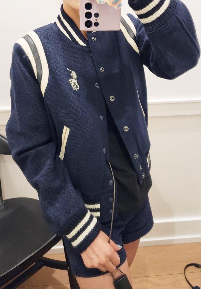 폴로 랄프로렌 여성 빅포니 자수 가죽 트림 울블랜드 베이스볼 야구 재킷