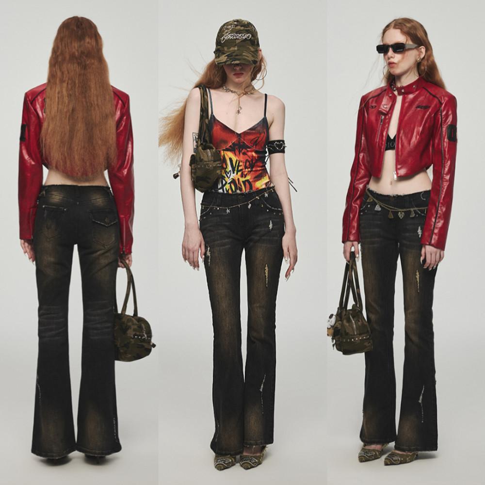 1JINN STUDIO 원진스튜디오 데님 팬츠 로우라이즈 세미나팔 팬츠 슬림 블랙진