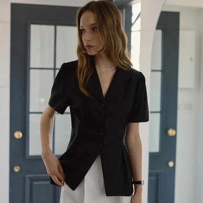 Classic Open Collar Blouse [Black]