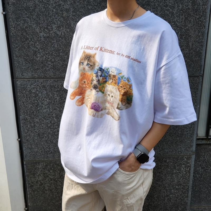 레트로 빈티지 프린트 고양이 숏슬리브 티셔츠