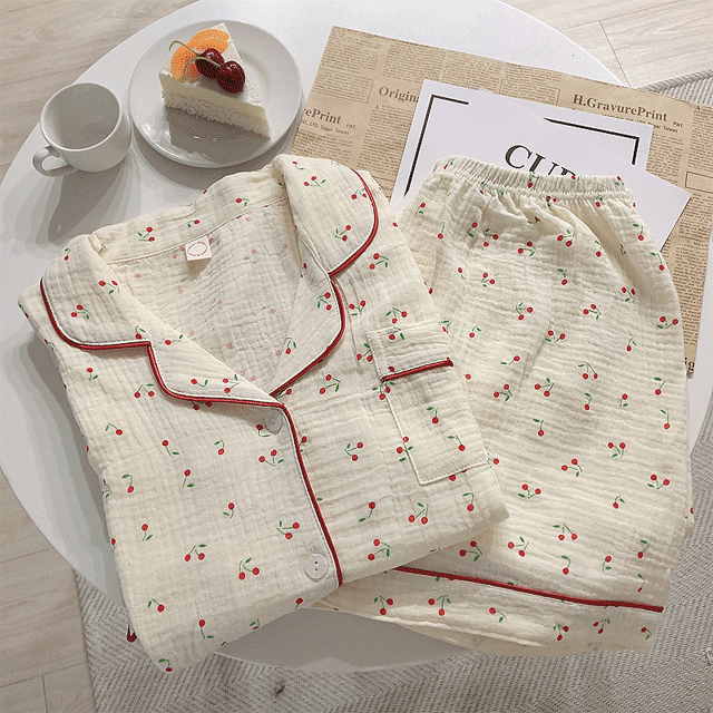 🍒[당일출고/반팔&긴팔] 순면100 체리 요루 잠옷 파자마 상하세트