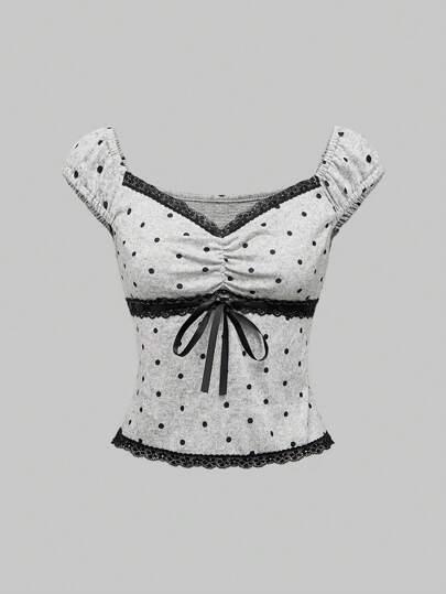ROMWE Kawaii V-Neck Bow Accent Two-Tone Polka Dot Women's Slim Fit T-Shirt
