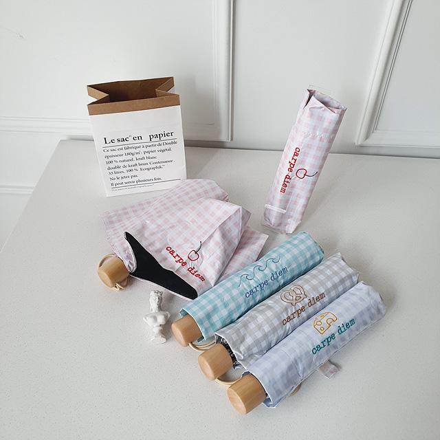 우양산 휴대용 깅엄 체크 자수 파스텔 컬러 양산 암막3단 uv차단 미니 우산 (4컬러)