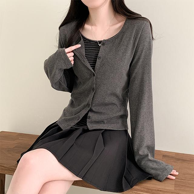 피치모드 [일체형/여리핏/국내제작] 피셜 스트라이프 레이어드 루즈핏 긴팔 가디건 (2color)