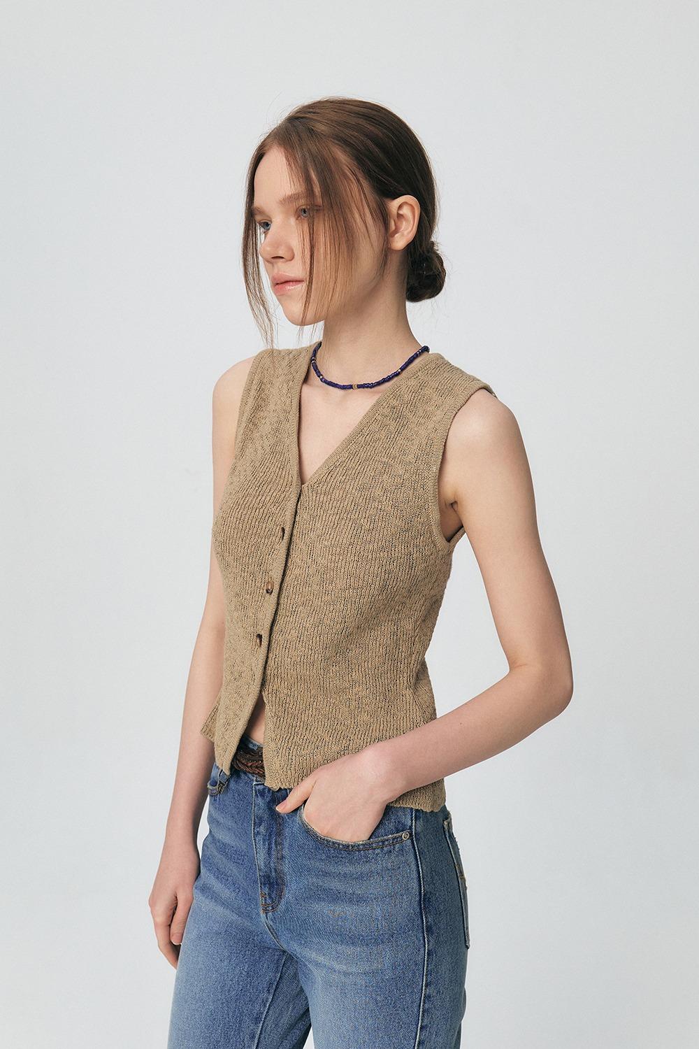Fitted Button Knitted Vest, Melange Beige
