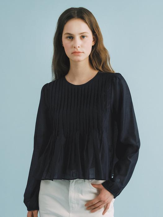 Q Flowy Front Tuck Flare Blouse_Deep Navy