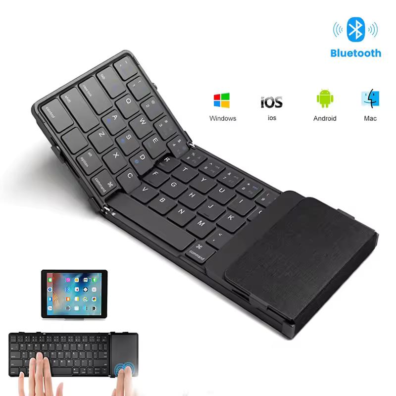 터치패드가 포함된 접이식 블루투스 키보드 iOS Android Windows용 PU 가죽이 포함된 무선 접이식 키보드, 3개 장치 지원