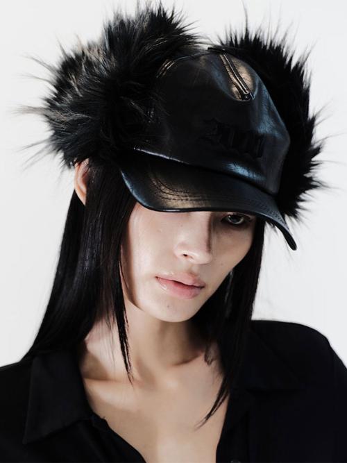 2000 FUR EARFLAP CAP (BLACK LEATHER)