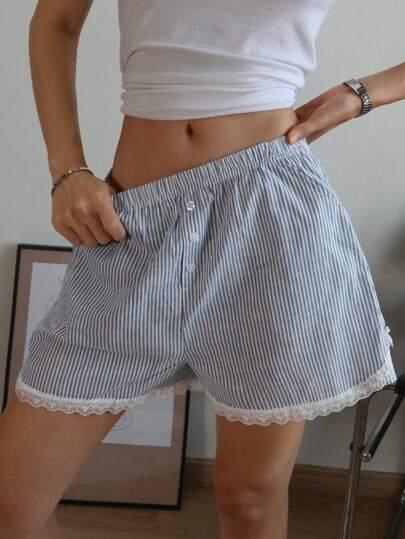 DAZY Fresh Striped Lace Patchwork Women's Short Pajama Bottom