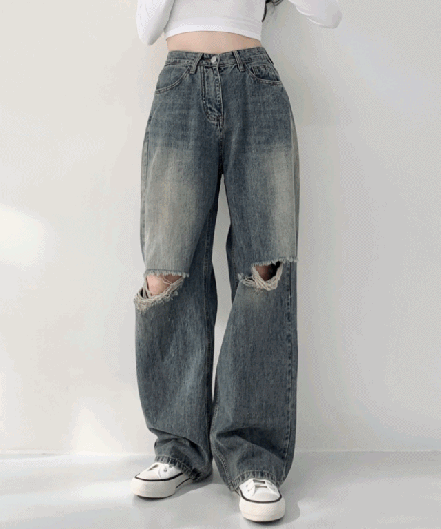 주문폭주 컬러추가💗[숏&롱,~XL/여름까지~] 얇은 무파진 빈티지 무릎 찢청 디스트로이드 롱 와이드 하이웨스트 데님 팬츠 기장선택 키큰녀 키작녀 빅사이즈