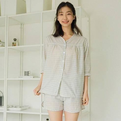 파란 여성용 젬마 노카라 체크 잠옷 세트