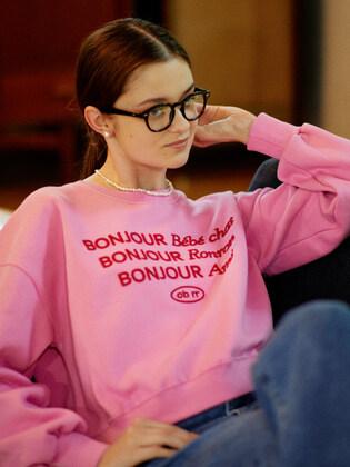 Bonjour Ronron Crop Sweatshirts Pink