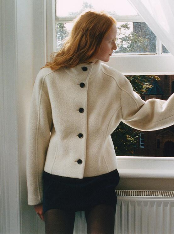 High Neck Short Coat in Ecru Beige VW3WJ032-9F