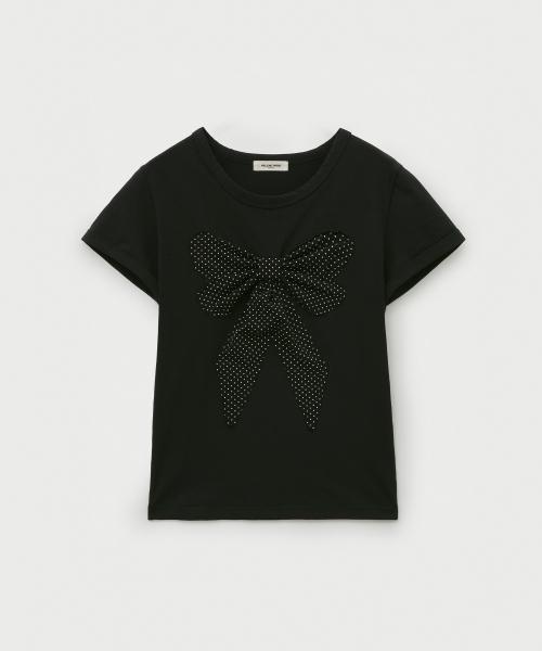 리본 아플리케 도트 하프 티셔츠 [블랙]