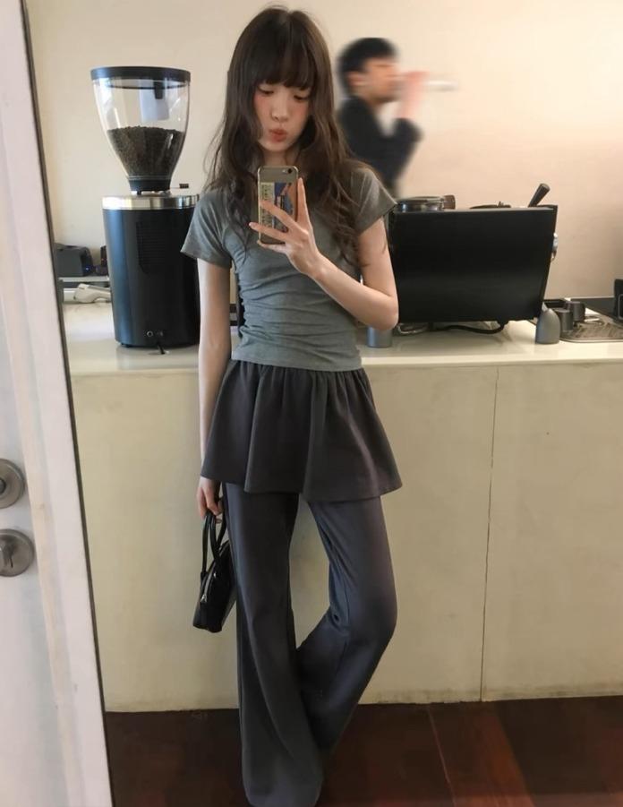 KANO 페이크 투피스 스커트 캐주얼 팬츠 (그레이)