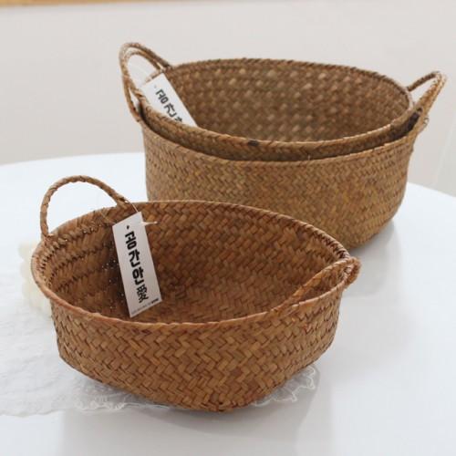 둥근달 원형 손잡이 라탄바구니(네츄럴)