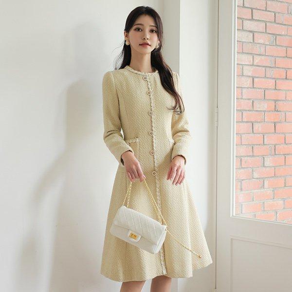 프린지 브레이드 앤틱버튼 트위드 A라인 울 원피스