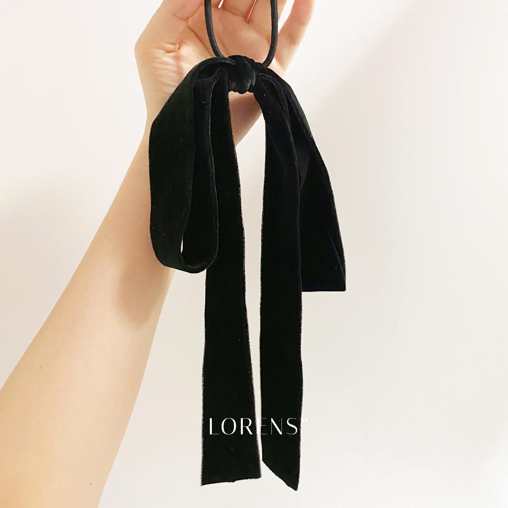 로렌스 블랙 벨벳 왕리본 헤어끈 포니테일 방울 롱 타이 헤어슈슈 국내산 고무줄 고급머리끈