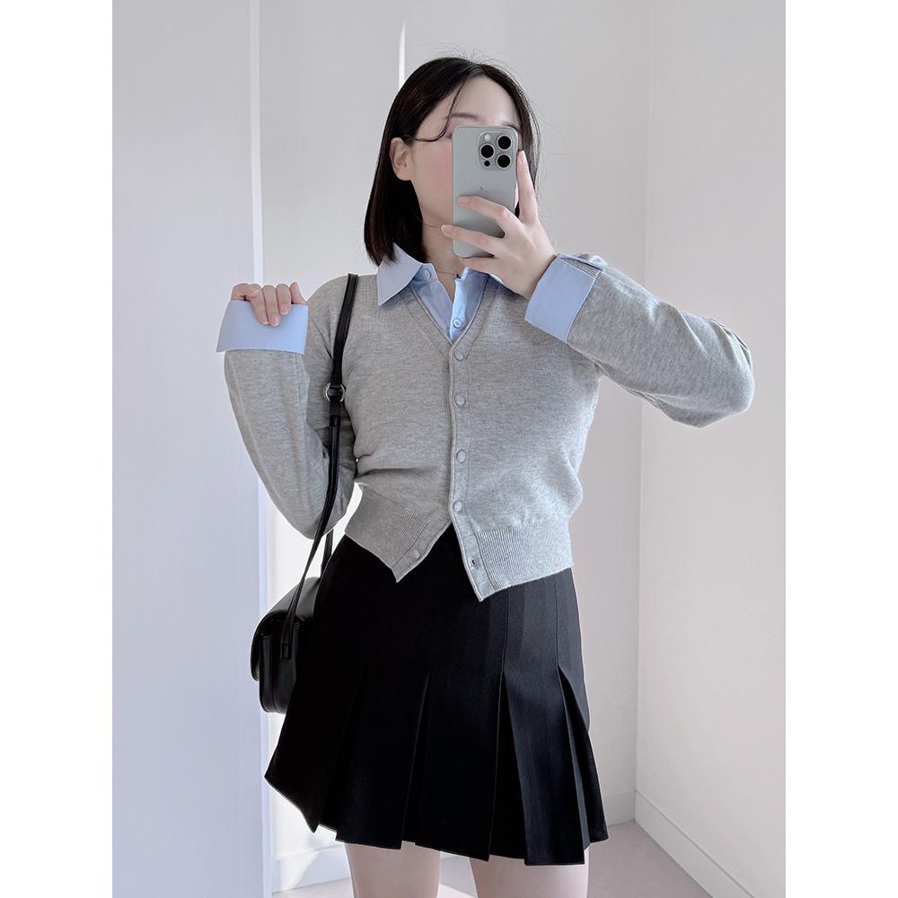 [상체커버] 말린 일체형 셔츠 브이넥 가디건 니트 레이어드 느낌