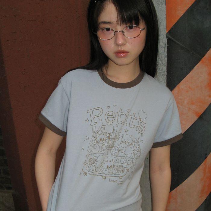 PETIT CAT RINGER T SHIRT BLUE