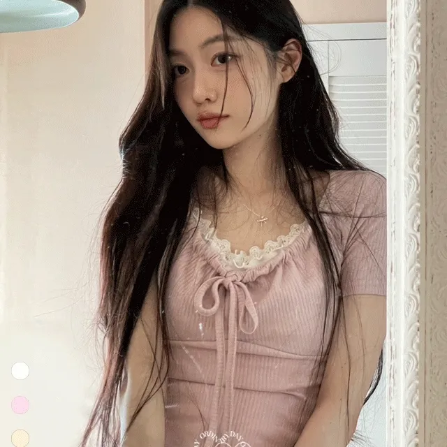 브리니 리본 골지 스트랩 셔링 반팔 티셔츠 4color