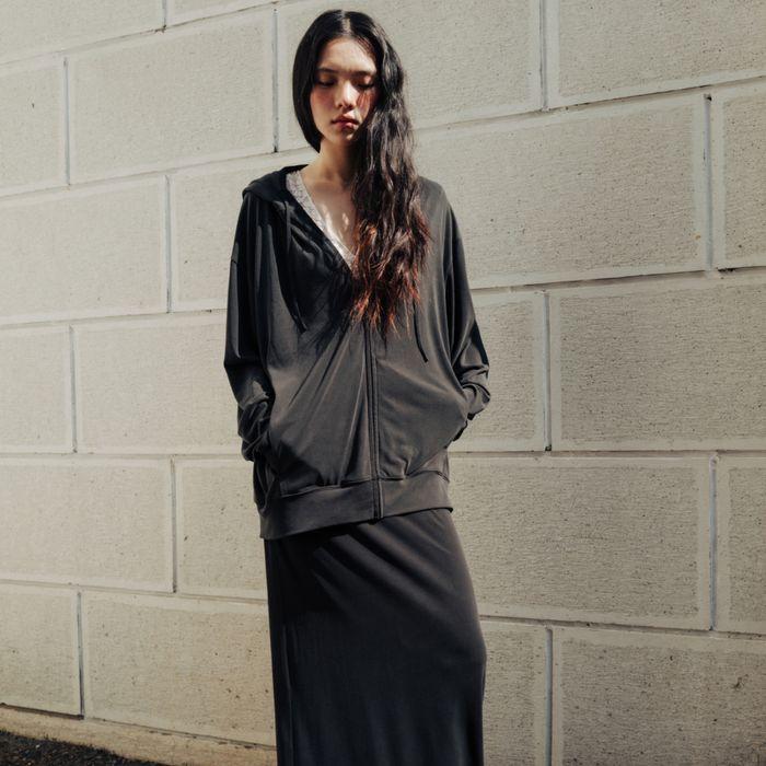 Flowy jersey hoodie zip-up (dark gray / white)