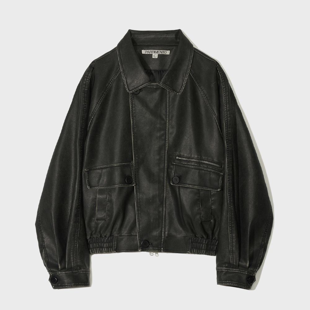 Washed Leather Bomber Jacket Black