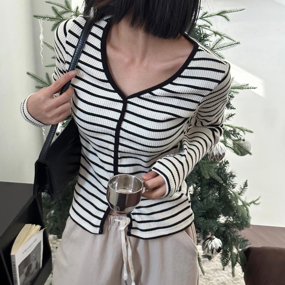 브이넥 골지 슬림 배색 트임 스트라이프 긴팔 티셔츠