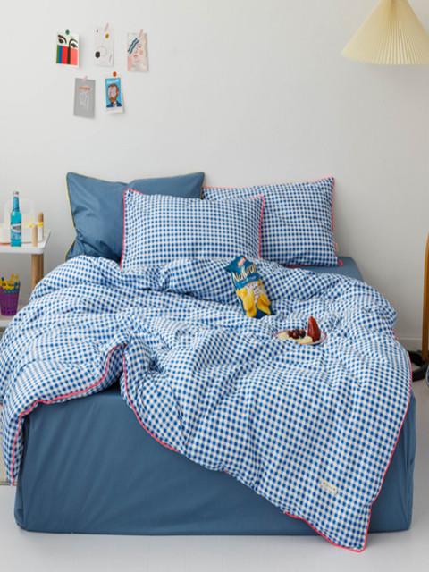 핑크 네온 포인트 블루 체크 침구 커버 세트  / 사계절 빈티지 패턴 이불 베개 커버