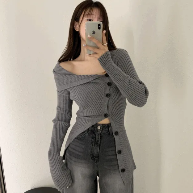 사이드 단추 오프숄더 롱 골지 니트