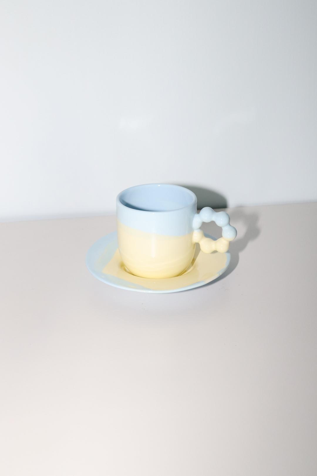 beads coffee cup/saucer(sky/yellow)
