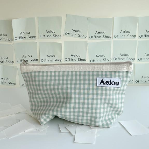Aeiou Basic Pouch (L size) Blue Green Ginghamcheck