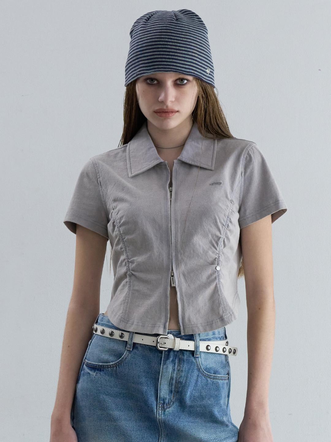WASHING SHIRRING ZIP UP SHIRT [GRAY]
