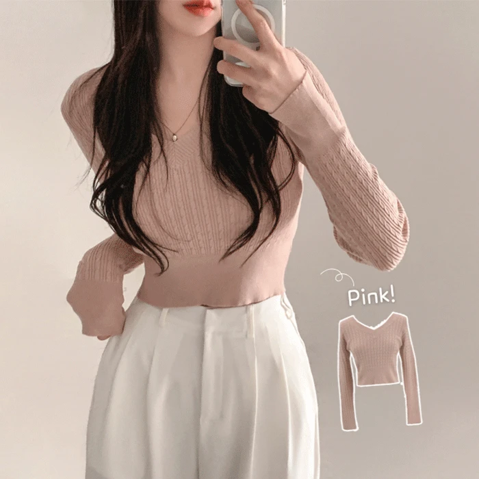 [자체제작ෆ봄필수] 잔꽈배기 비스코스 브이넥 케이블 크롭 긴팔니트