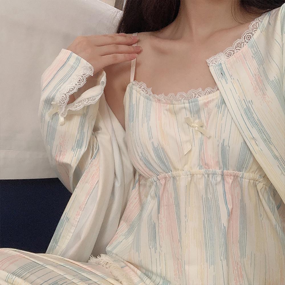 티티리 오로라 탈부착 브라캡 내장 끈 나시 가디건 여자 간절기 파자마 수면 쓰리피스 잠옷