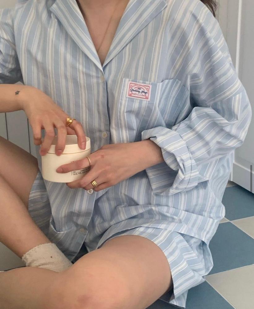 부드러운 사계절 스트라이프 홈웨어 세트 파자마 선물 잠옷 집콕 핑크 블루 국내생산