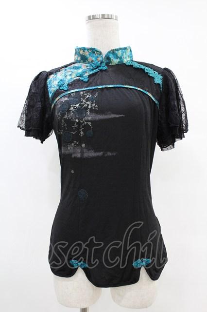 Ozz oneste / 和チャイナレース切替トップス  黒×緑 H-25-07-12-1054-OO-TO-KB-ZT023