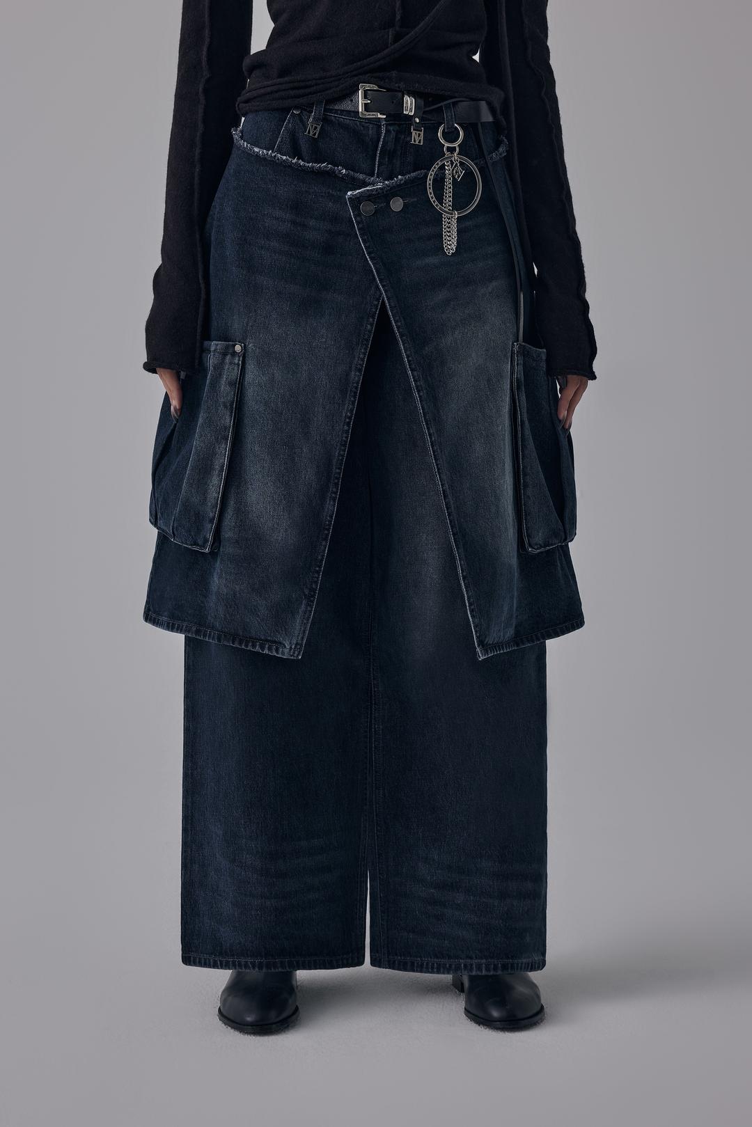 Layered Wrap Skirt Denim Cargo Pants [ Dark navy ]