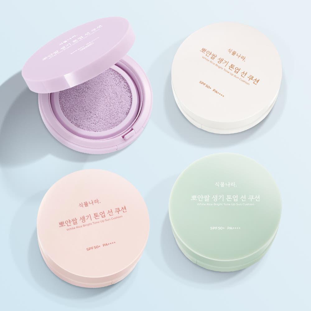 식물나라 뽀얀쌀 생기 톤업 선쿠션 본품+리필 기획 1세트, SPF50+ PA++++ (뽀얀 화이트 / 생기 피치 / 맑은 보라 / 산뜻 그린) 