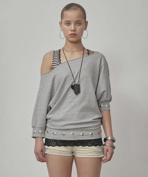 Stud Half Sleeve Sweatshirt Melange Gray