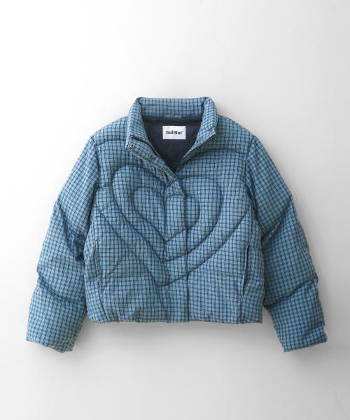 Heart Puffer Jacket Check Blue